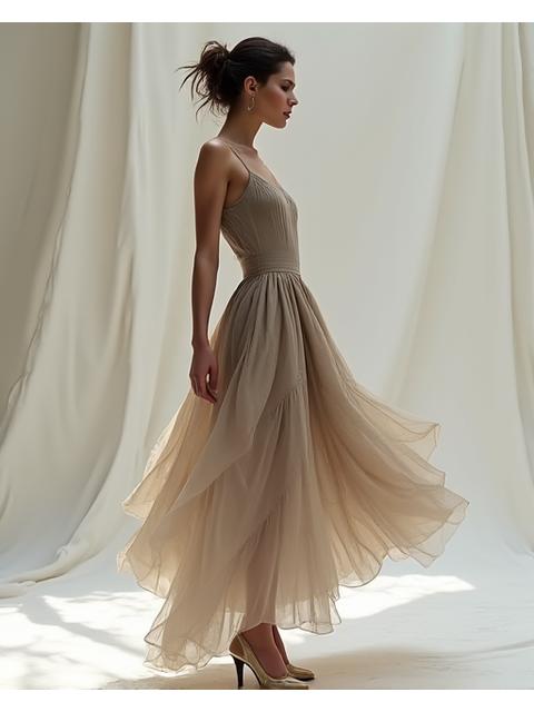 Model wearing a flowing, asymmetrical dress in neutral tones