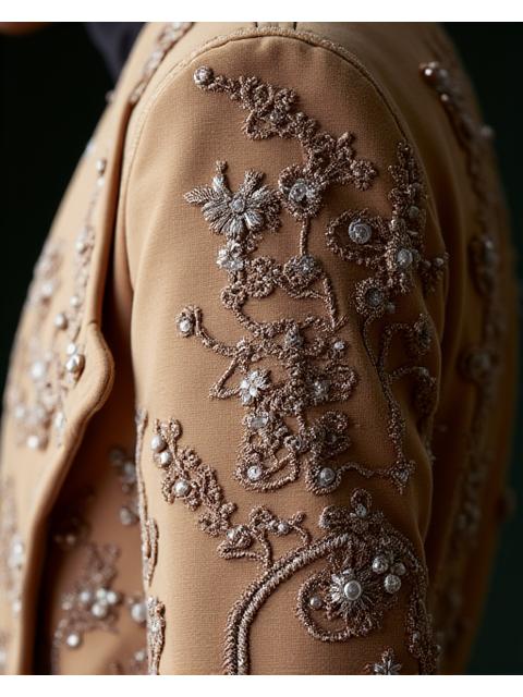 Close-up of a jacket with intricate, textured embroidery