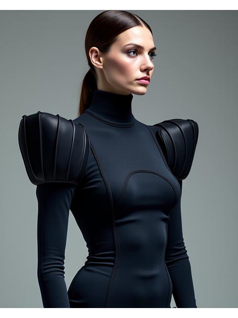 Avant-garde top with dramatic sleeves and structural elements