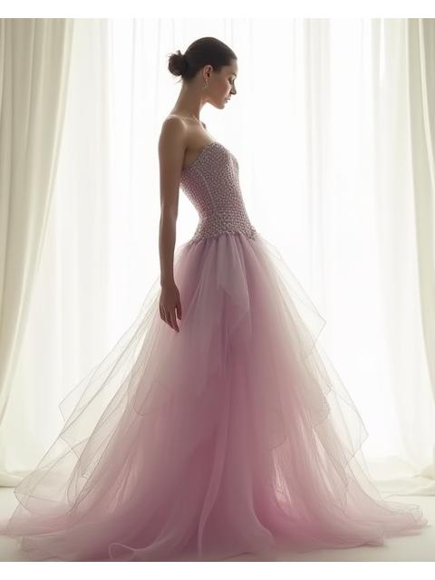 Gown with layered, translucent fabrics creating an ethereal effect