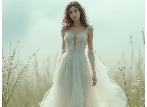SS24 Elysian Fields Collection - Model in flowing white gown in a dreamlike setting