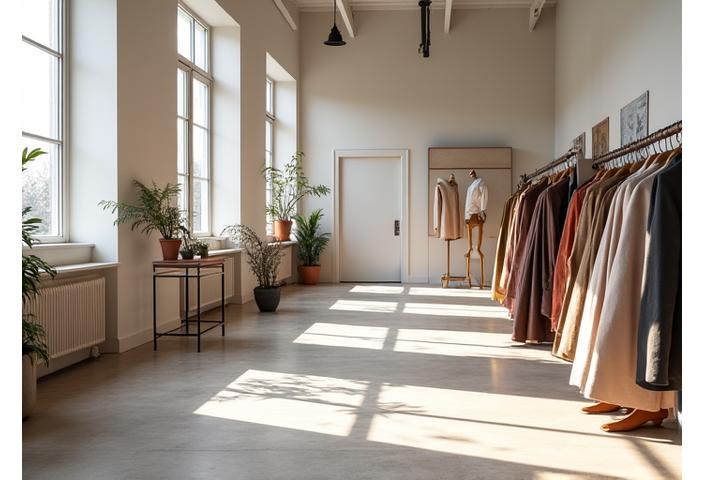 Elegant and minimalist atelier interior with natural light, focusing on a designer's workspace with fabric swatches and sketches